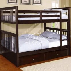 Tempat tidur tingkat YOTT135 dari kayu jati solid dengan laci penyimpanan.