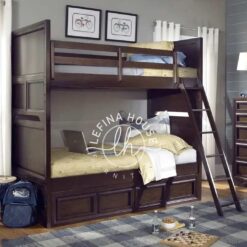 Tempat tidur tingkat YOTT148 dari jati dengan ranjang bawah dobel dan laci.