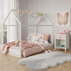 Ranjang model rumah putih kayu solid untuk kamar anak