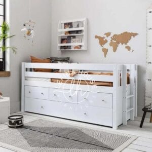 Tempat tidur putih multifungsi dengan laci