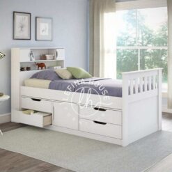 Ranjang tingkat putih dengan laci sorong