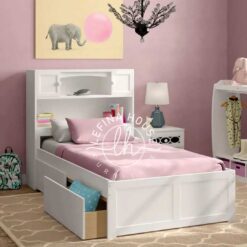 Ranjang tingkat putih dengan dua laci bawah