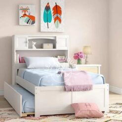 Ranjang susun putih dengan tangga aman multifungsi