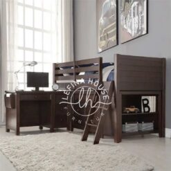 Ranjang loft kayu dengan meja belajar
